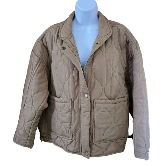 Lucky brand Quilted Tan Jacket With Snap Buttons Drawstring Hem cottagecore boho - Picture 1 of 10